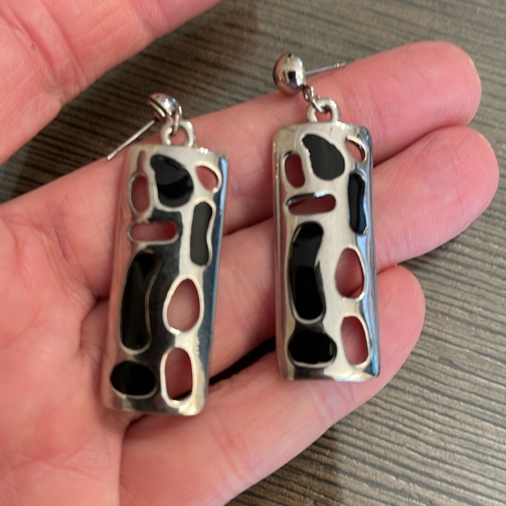 Vintage Silver-Tone Rectangle Dangle Earrings Wit… - image 4